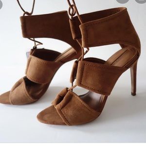 BNWOT Zara Genuine Suede Cognac Lace Up Heels, 38